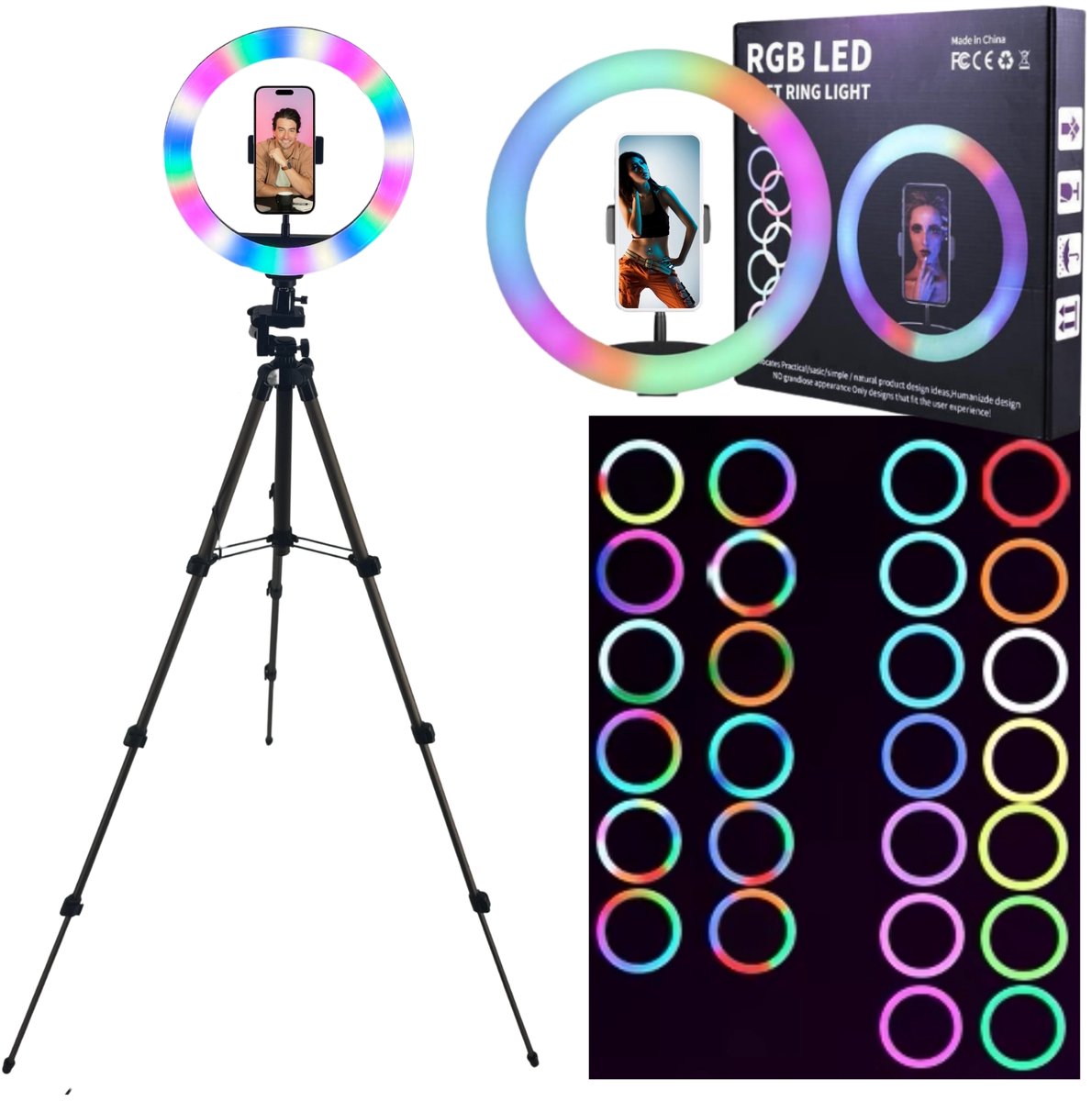 TronicXL RGB Ringlicht 10 inch – LED Ring Light met Statief 105cm – Smartphone Houder – Kugelkop – USB Aansluiting – Dimbaar Licht in 3 Kleuren – Selfie & Video Tripod