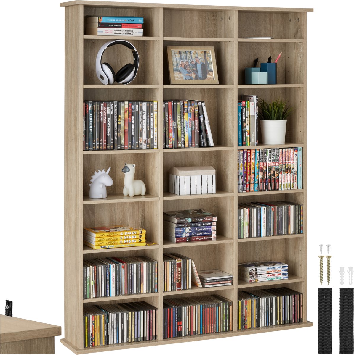 tectake® CD/DVD/Blu-ray kast - Boekenkast - 18 flexibel verstelbare planken - Houten mediakast met kantelbeveiliging - Plankstandaard - Afmeting (LxDxH) 105,5 x 19 x 136,5 cm - Lichtbruin