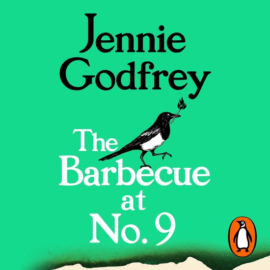 Boekcover van The Barbecue at No.9 met felgroene achtergrond, zwarte tekst en een tekening van een ekster met een brandende fakkel.