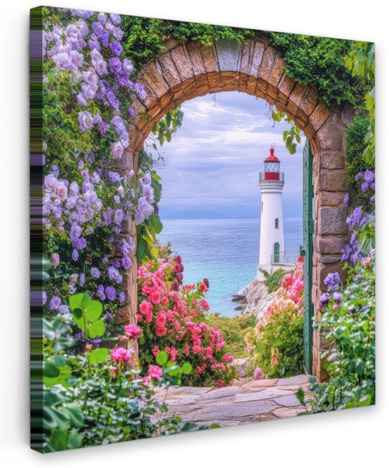Tuinschilderij voor buiten 50x50 cm - Tuindecoratie Doorkijk - Vuurtoren - Bloemen - Uitzicht - Tuinposter op canvas - Tuin muurdecoratie - Buitenschilderij decoratie - Schutting wanddecoratie - Buitencanvas