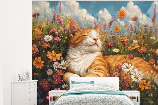 Behang - Fotobehang Kat - Bloemen - Ontspannen - Breedte 375 cm x hoogte 300 cm