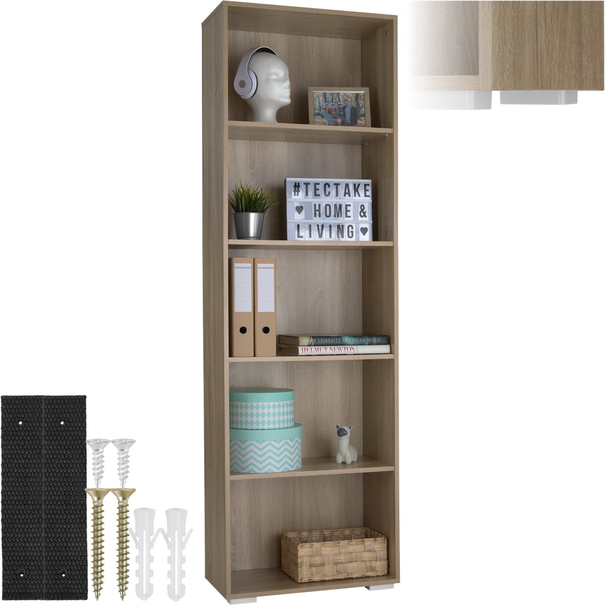 tectake® Houten boekenkast - Staande kast met 5 open vakken - Vloervriendelijke kunststof pootjes - Snelle en eenvoudige montage - Maximale belasting 10 kg per vak - Afmeting (HxBxD) 190 x 60 x 30 cm - Bruin