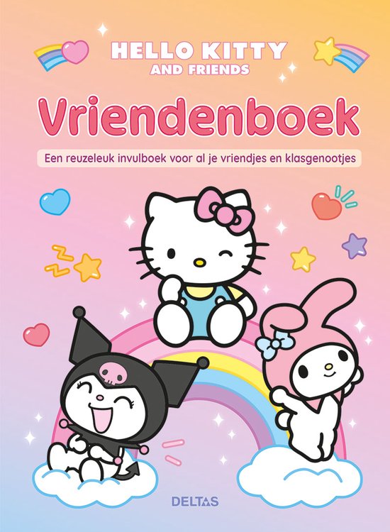 Vriendenboek Hello Kitty met Kuromi en My Melody op een regenboog.