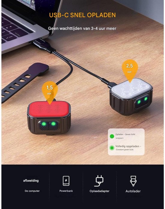 EXCITAT Fietslampjes - Fietsverlichting - Voorlicht en Achterlicht - IPX6 Waterdicht - 8+12 Lichtstanden - USB oplaadbaar - Zwart — afbeelding 4