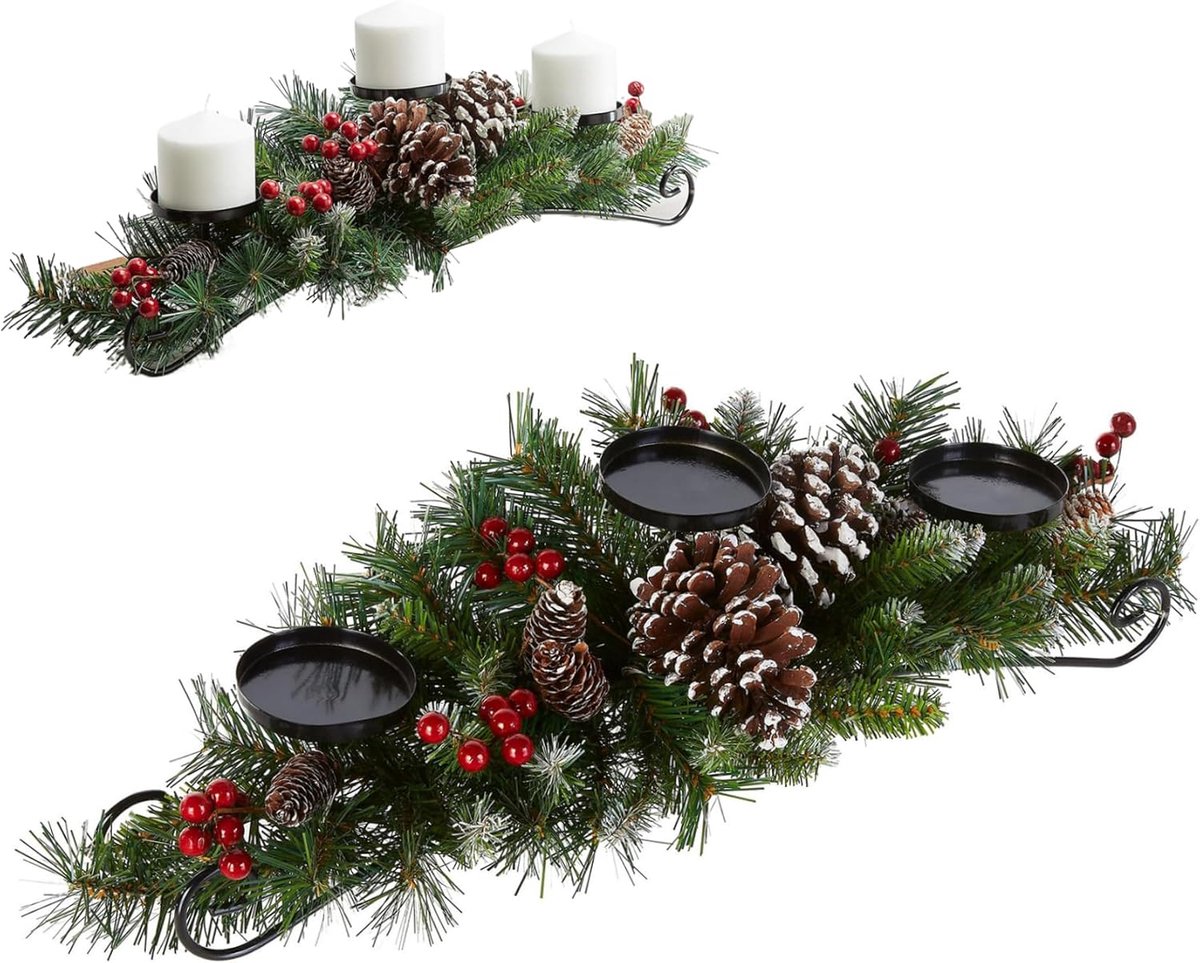 Kerst Tafeldecoratie met 3 Kandelaars – kerst Kaarsenhouder 45 cm –kerst Kandelaars- Waxinelichtjeshouder - Met Dennentakken, Rode Bessen en Dennenappels – Kerst Centerpiece voor Tafel of Haard – foto 5