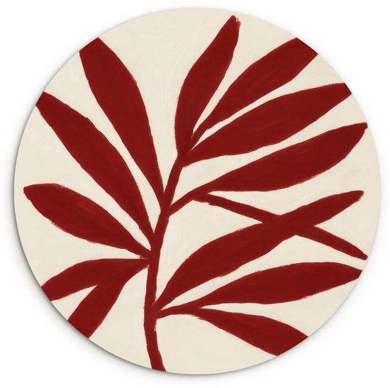 Ronde muurcirkel met een abstract rood takontwerp op een beige achtergrond.
