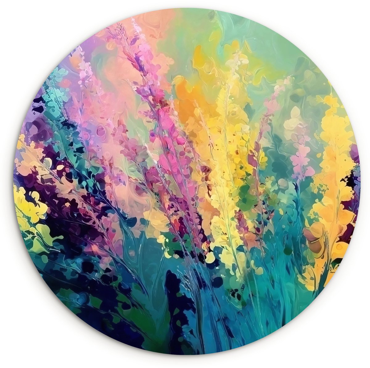WallCircle Wandcirkel 120x120 cm - Muurcirkel Dromerige - Langgerekte bloemen - Muurdecoratie woonkamer - Wanddecoratie slaapkamer - Kamer decoratie accessoires - Ronde schilderijen Bloemen - Langgerekt