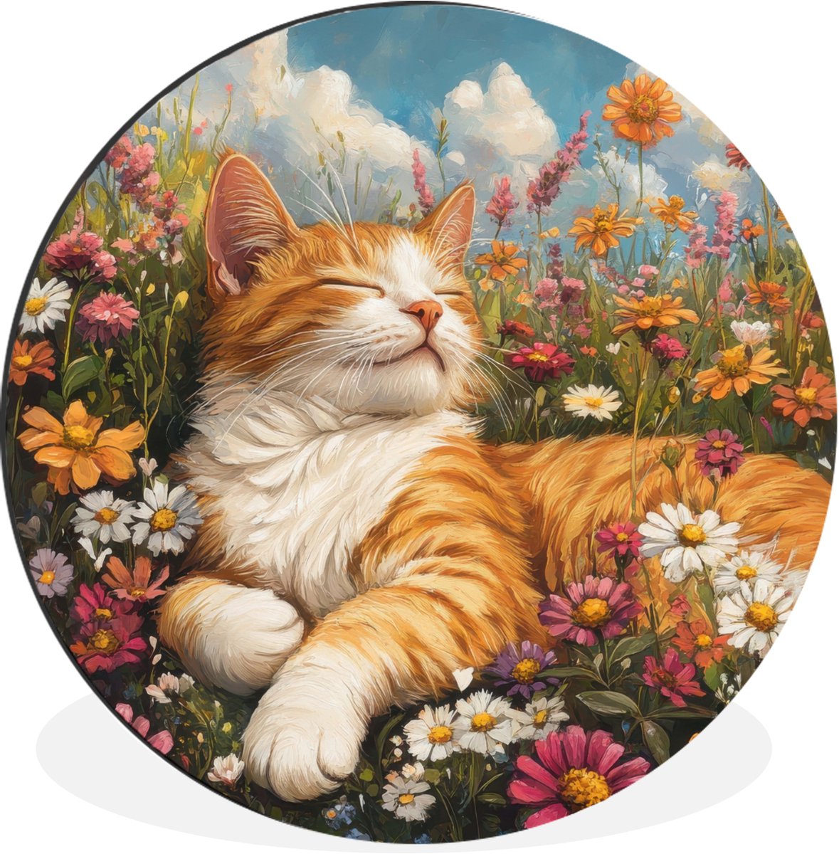 WallCircle Wandcirkel - Muurcirkel - Kat - Bloemen - Ontspannen - Aluminium - Dibond - 120x120 cm - Binnen en Buiten Kat - Bloemen - Gras