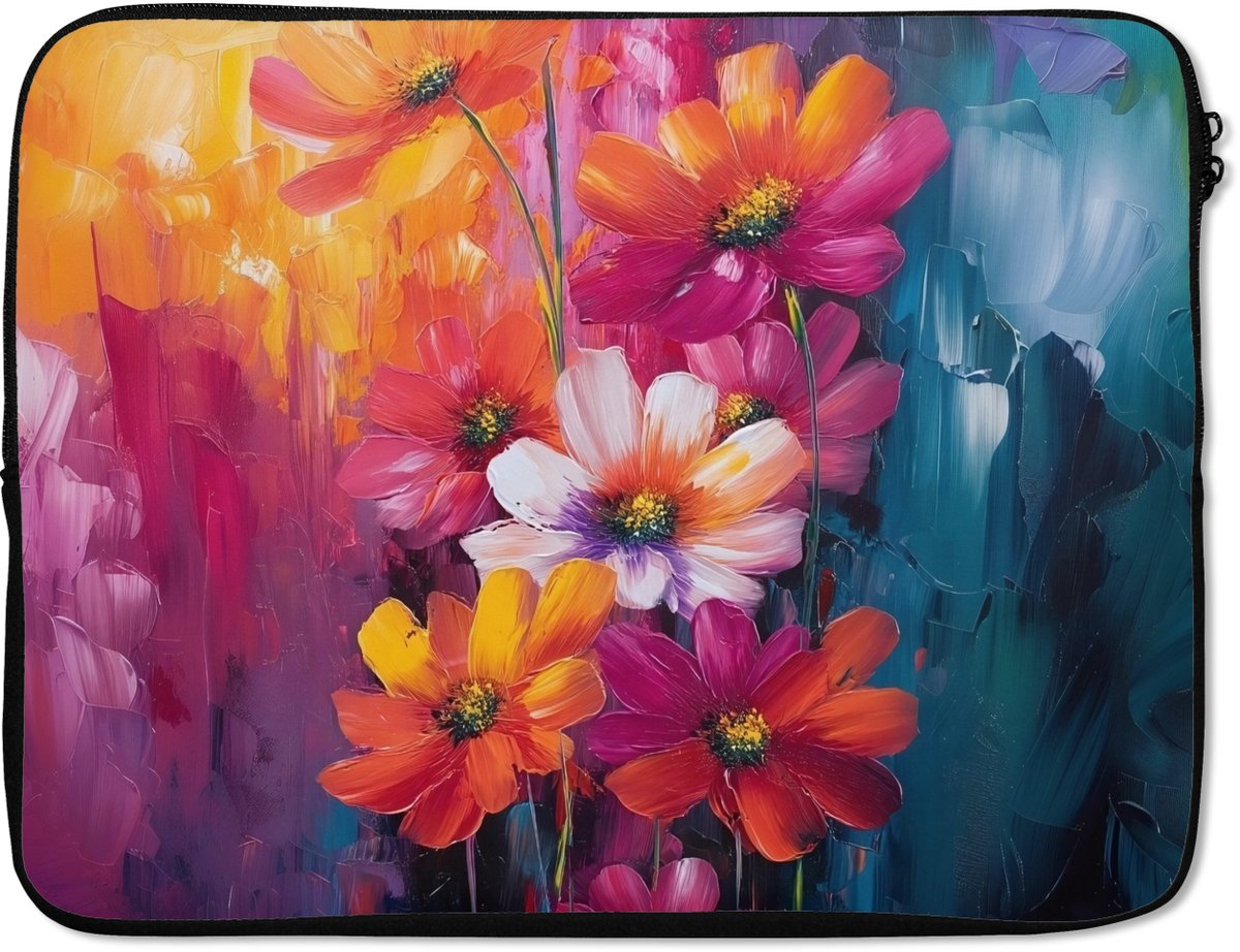 Laptophoes 17 inch - Felle bloemen - Dynamisch - Levendig - Laptop sleeve - Binnenmaat 41x28 cm - Zwarte achterkant