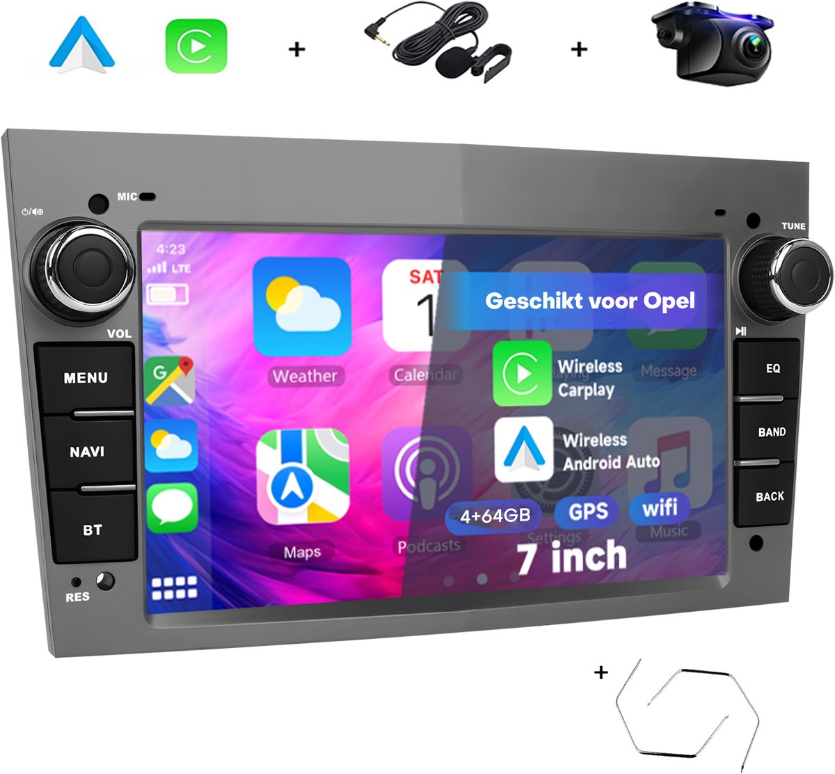 Boscer Autoradio - Geschikt voor Opel - Android 15 - Apple Carplay & Android Auto (Draadloos) - 4+64GB - 7 Inch HD Touchscreen - GPS, Bluetooth, USB & MP5 - Navigatiesysteem - Grijs - Demontagesleutels, Achteruitrijcamera & Microfoon