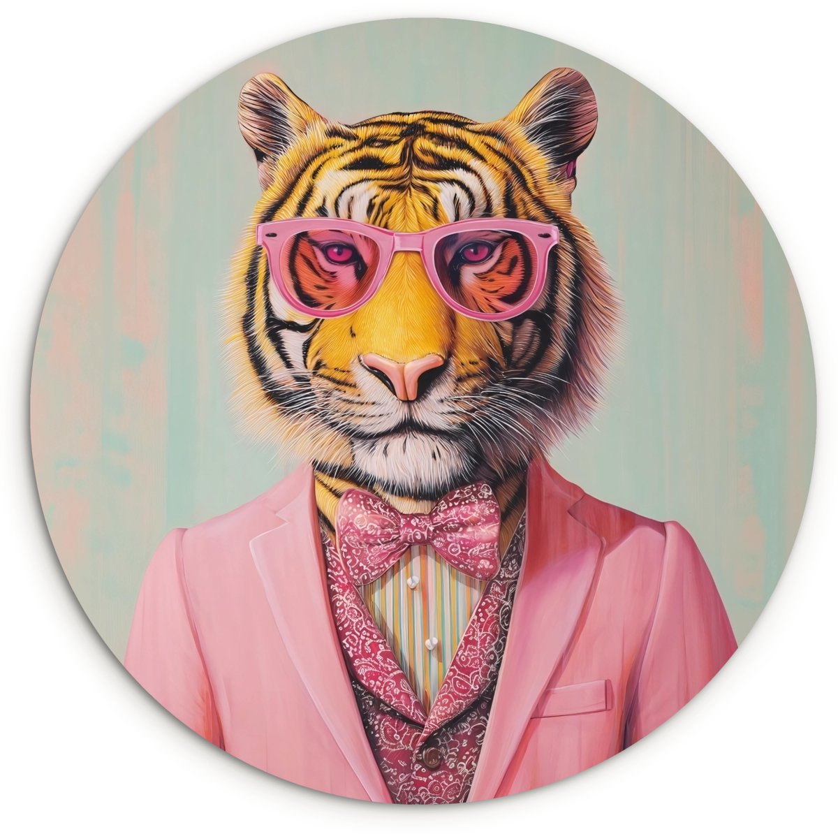WallCircle Wandcirkel 30x30 cm - Muurcirkel Tijger - Strik - Jasje - Roze - Muurdecoratie woonkamer - Wanddecoratie slaapkamer - Kamer decoratie accessoires - Ronde schilderijen Tijger - Bril