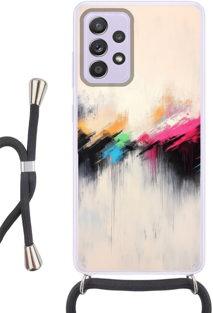 Telefoonhoesje Geschikt voor Samsung Galaxy A53 5G - Dynamisch - Abstract - Kleurrijk - Zwart - Siliconen - Crossbody - Backcover met Koord - Telefoonhoesje met koord - Hoesje met touw Telefoonhoesje