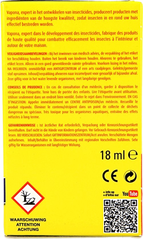 Gele verpakking met waarschuwingen, productinformatie en adviezen.