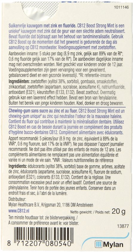 CB12 Mondverzorging Boost Kauwgom - Sterke Mintsmaak - Verfrissend en Beschermend - Xylitol Kauwgom - 3-Voudige Werking - Strong Mint - 10 stuks