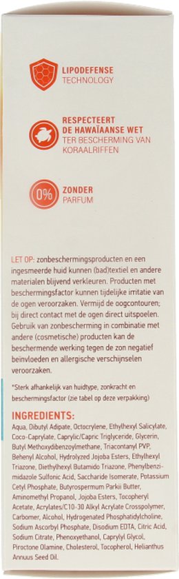 Zijde van Vision zonnebrandverpakking met ingrediëntenlijst, Lipodefence technologie en 0% parfum.
