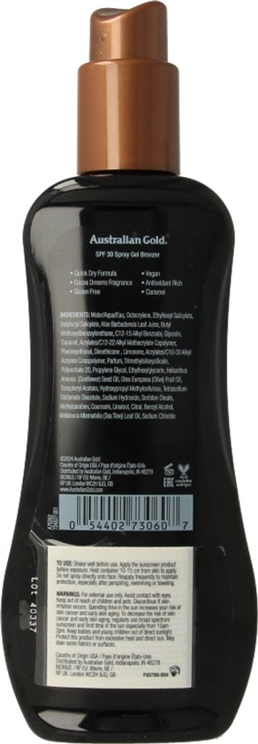 Australian Gold - SPF30 Spray Gel met Bronzer - 237 ML