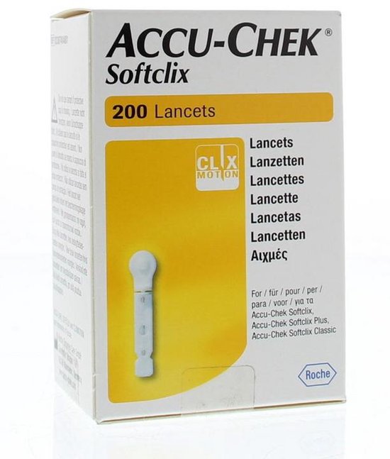 Doosje met 200 Accu-Chek Softclix lancetten. Wit met gele accenten.