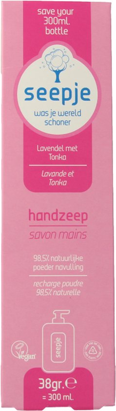 Roze Seepje verpakking met tekst: save your 300mL. bottle, Seepje, was je wereld schoner, lavendel met tonka, handzeep, 98.5% natuurlijke poeder navulling.