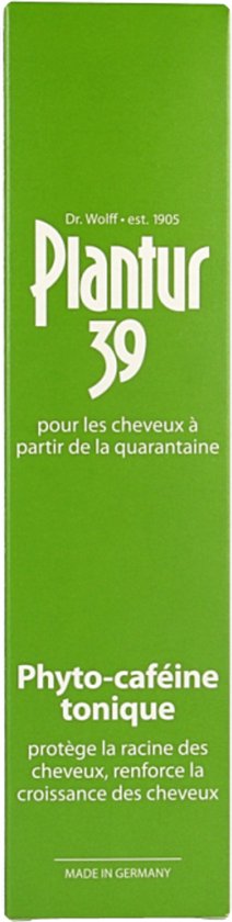 Groene verpakking van Plantur 39 Phyto-caféine tonique. Tekst: "protège la racine des cheveux, renforce la croissance des cheveux".