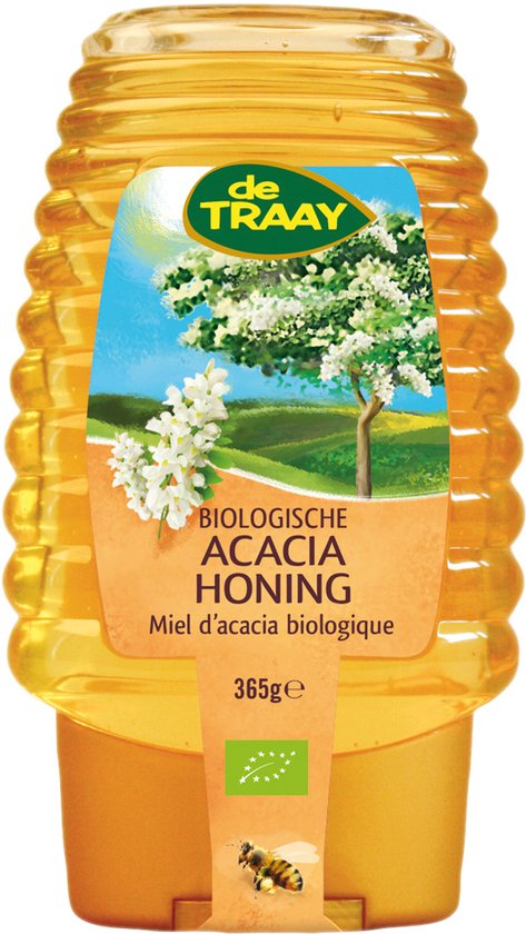 Gele fles honing met een geel label met een acacia boom en witte bloesems. De tekst luidt 'Biologische Acacia Honing'.