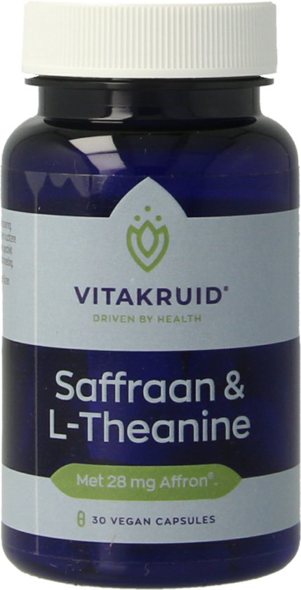Blauw flesje met witte dop, met etiket met de merknaam 'VITAKRUID' en productnaam 'Saffraan & L-Theanine'.
