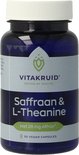 Blauw flesje met witte dop, met etiket met de merknaam 'VITAKRUID' en productnaam 'Saffraan & L-Theanine'.