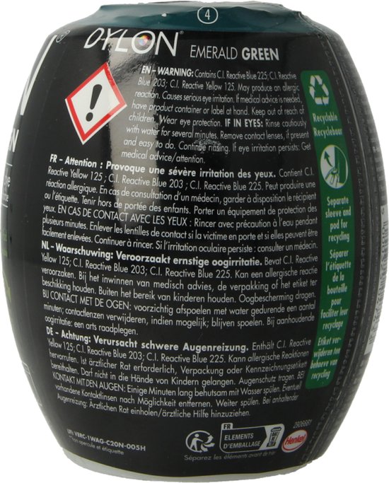 Arrière du pot de teinture textile DYLON avec avertissements en anglais, français et néerlandais.