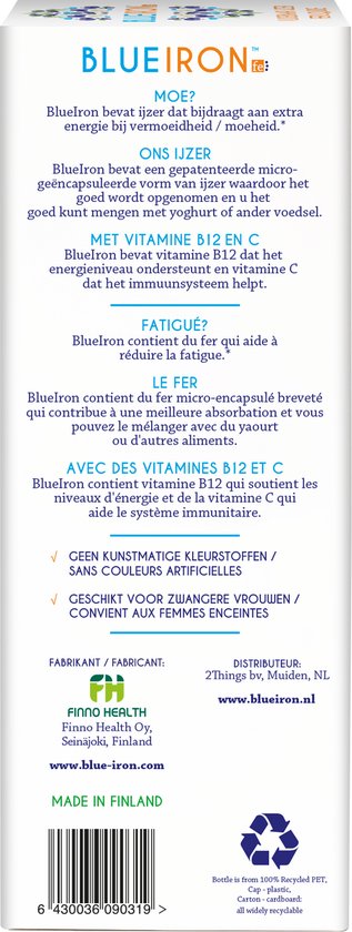 Achterkant van de Blueiron verpakking met informatie over de ingrediënten en fabrikant.
