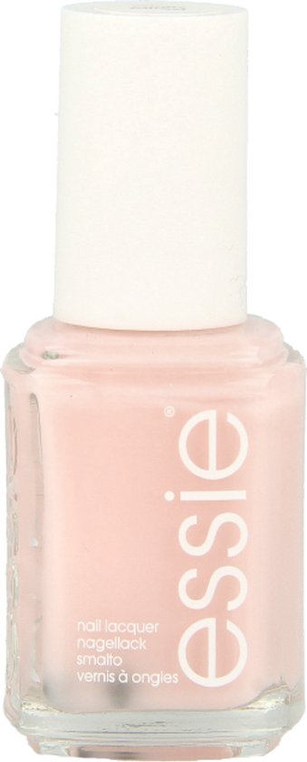Essie nagellakflesje, lichtroze lak met witte dop, met tekst "nail lacquer".