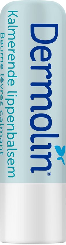 Dermolin kalmerende lippenbalsem. Blauwe verpakking met witte dop.