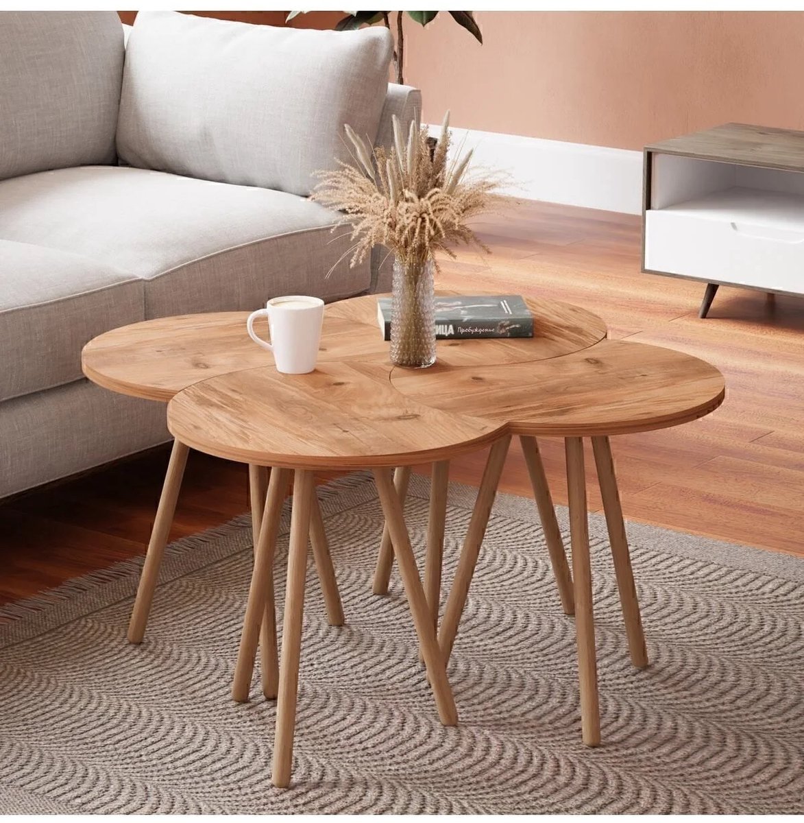 Image of 4-delige Salontafel Set - Ronde Tafel - Vierdelige Bijzettafel - Salontafel - Bijzettafel - Tafel met Houten Poten - 4 Stuks - 45x45 cm - Pijnboom