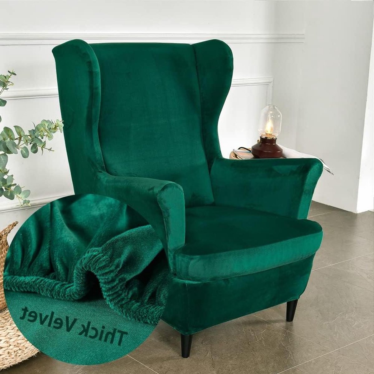 JGS Premium - Vleugelstoel hoezen in donkergroen - 2-delige stretch hoes - Meubelbeschermer voor fauteuil stoelen - Modieuze effen kleur