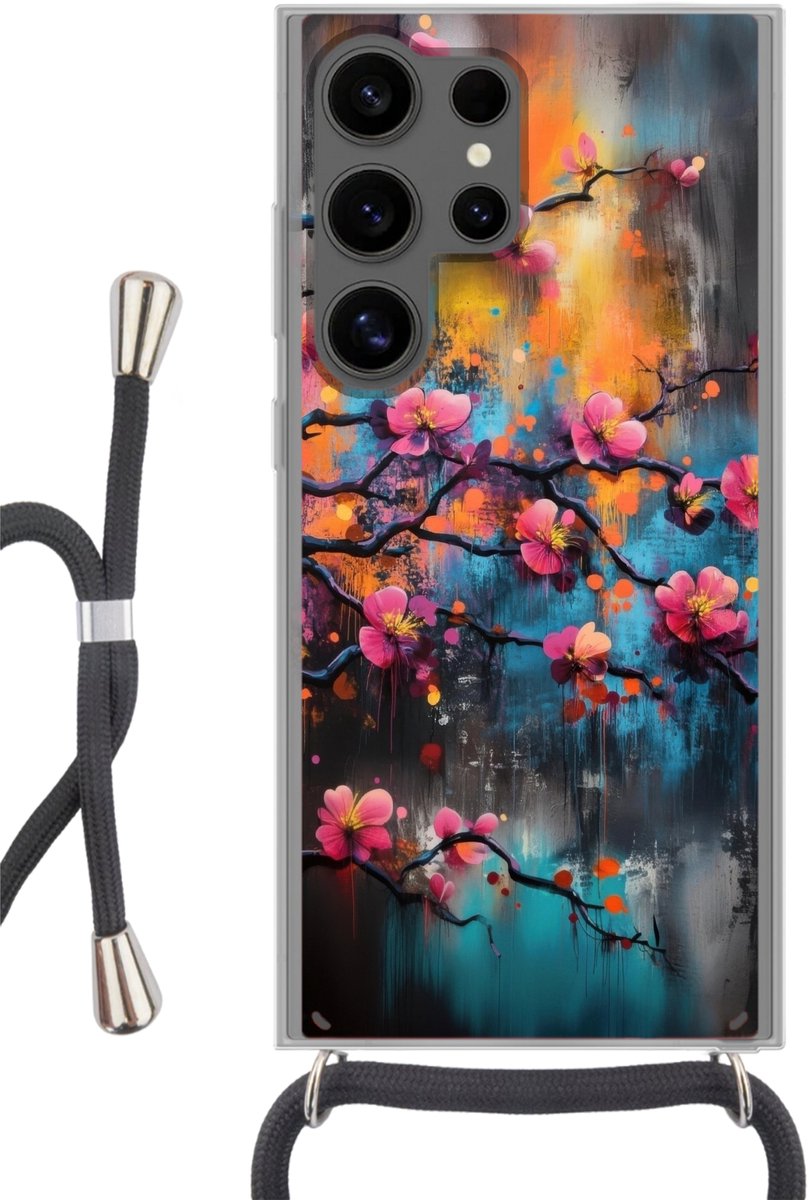 Telefoonhoesje Geschikt voor Samsung Galaxy S24 Ultra - Bloemen - Tak - Abstract - Roze - Siliconen - Crossbody - Backcover met Koord - Telefoonhoesje met koord - Hoesje met touw Telefoonhoesje
