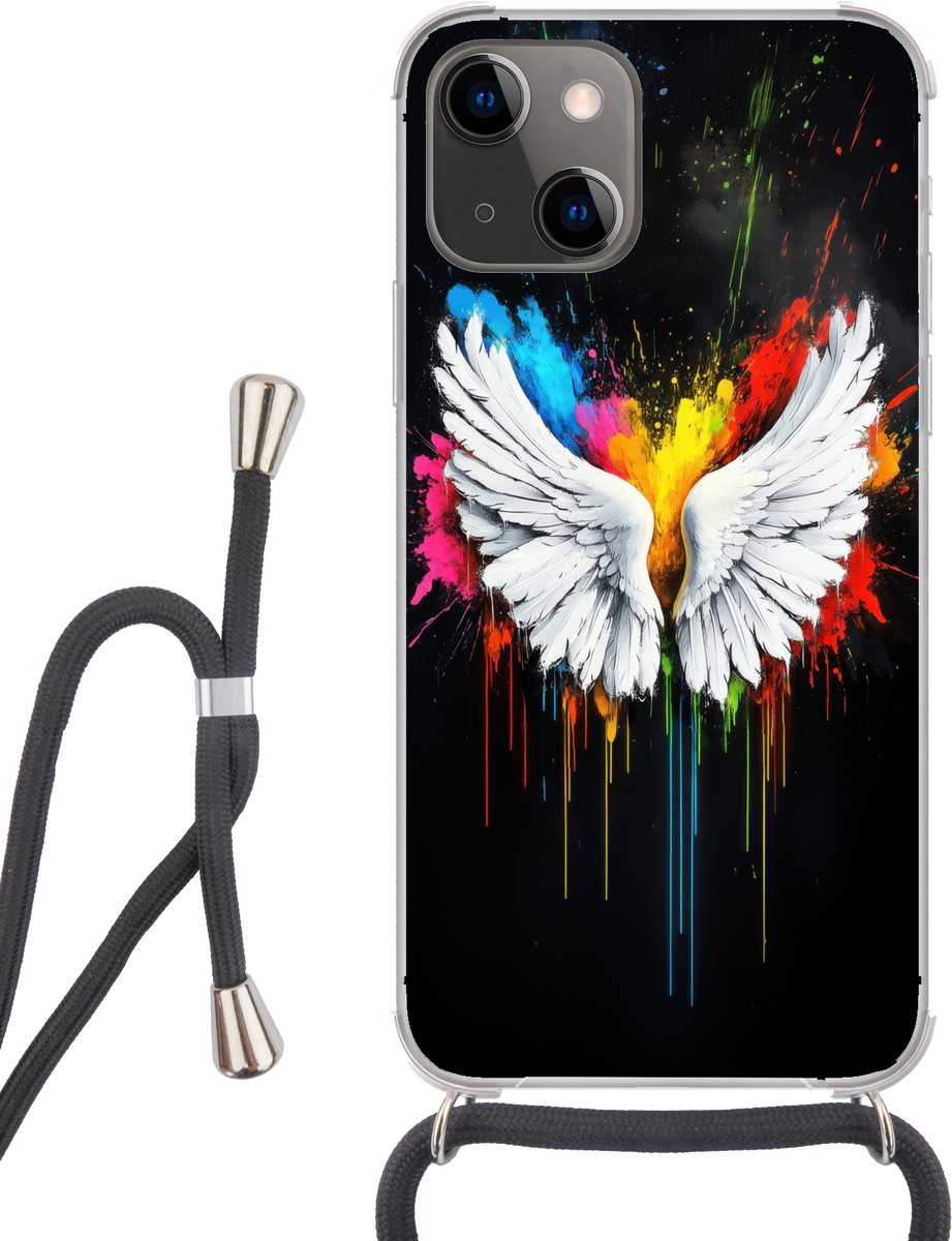 Telefoonhoesje Geschikt voor iPhone 13 - Vleugels - Verfspatten - Kleurrijk - Siliconen - Crossbody - Backcover met Koord - Telefoonhoesje met koord - Hoesje met touw Telefoonhoesje
