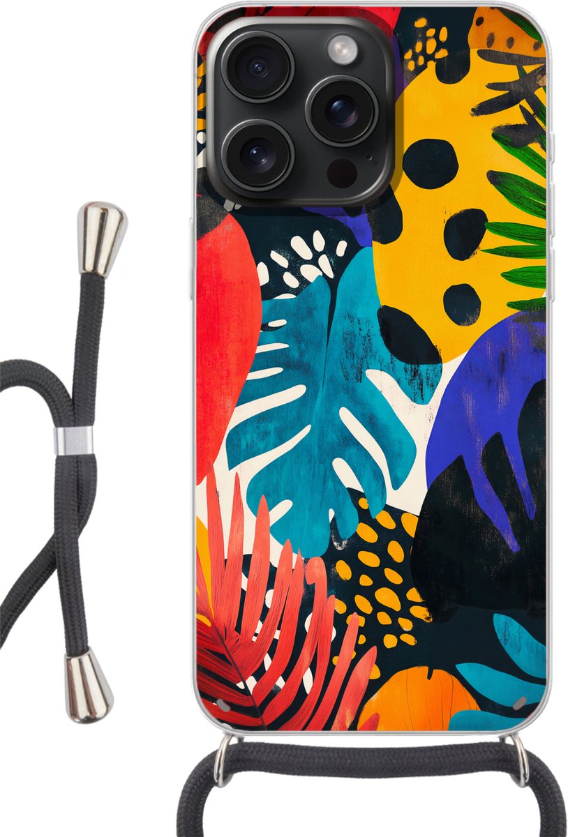 Telefoonhoesje Geschikt voor iPhone 15 Pro Max - Bladeren - Vormen - Abstract - Kleurrijk - Siliconen - Crossbody - Backcover met Koord - Telefoonhoesje met koord - Hoesje met touw Telefoonhoesje