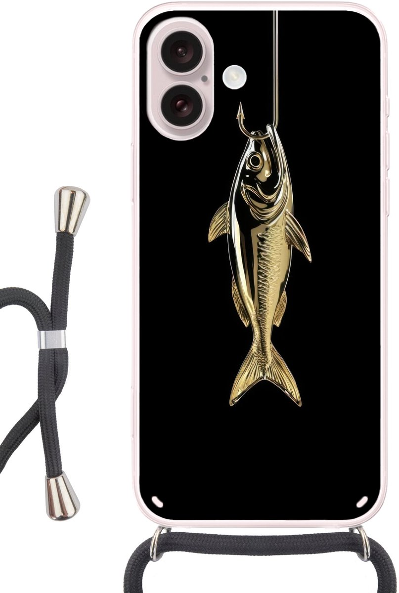 Telefoonhoesje Geschikt voor iPhone 16 - Goud - Vis - Haak - Zwart - Siliconen - Crossbody - Backcover met Koord - Telefoonhoesje met koord - Hoesje met touw Telefoonhoesje