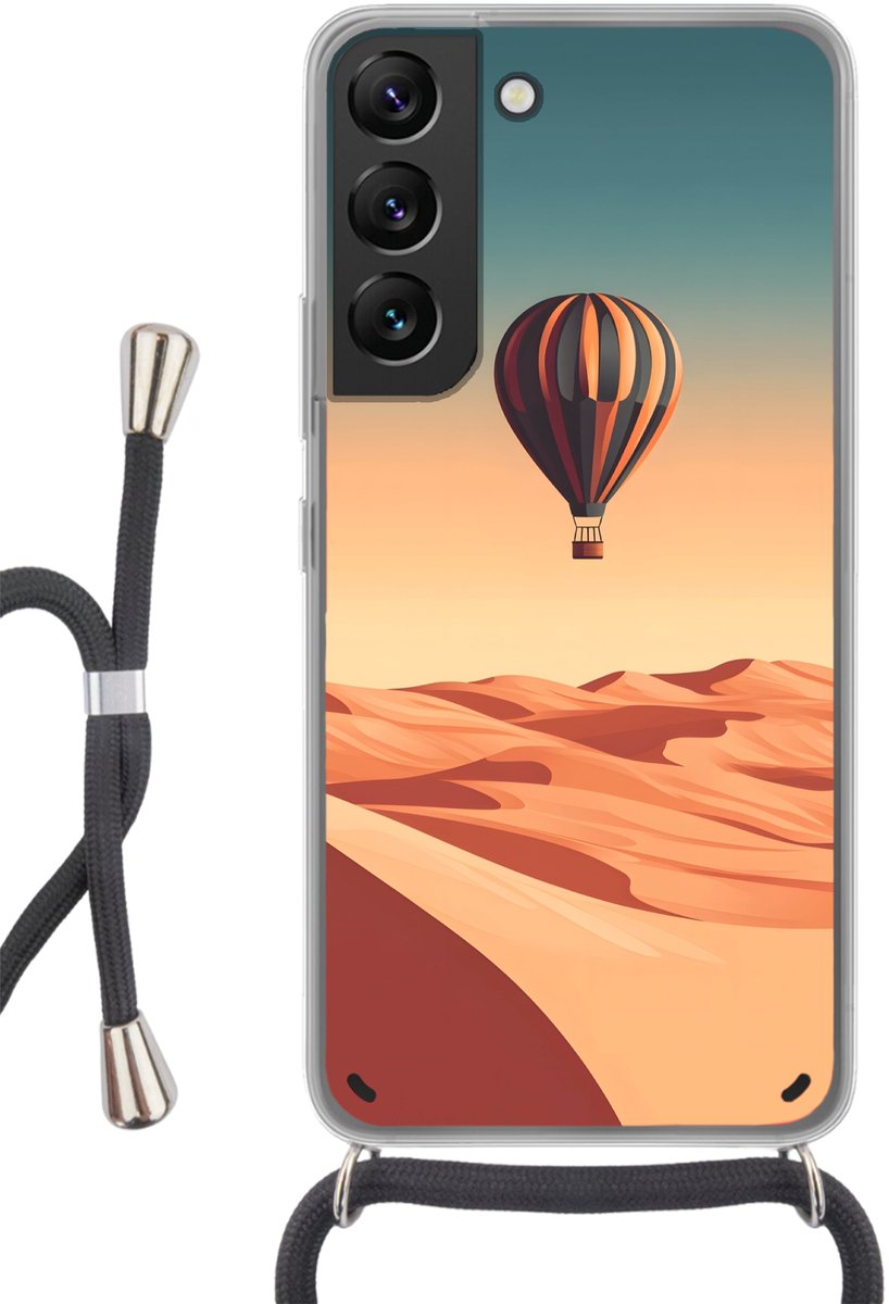 Telefoonhoesje Geschikt voor Samsung Galaxy S22 - Luchtballon - Woestijn - Zonsondergang - Blauw - Siliconen - Crossbody - Backcover met Koord - Telefoonhoesje met koord - Hoesje met touw Telefoonhoesje