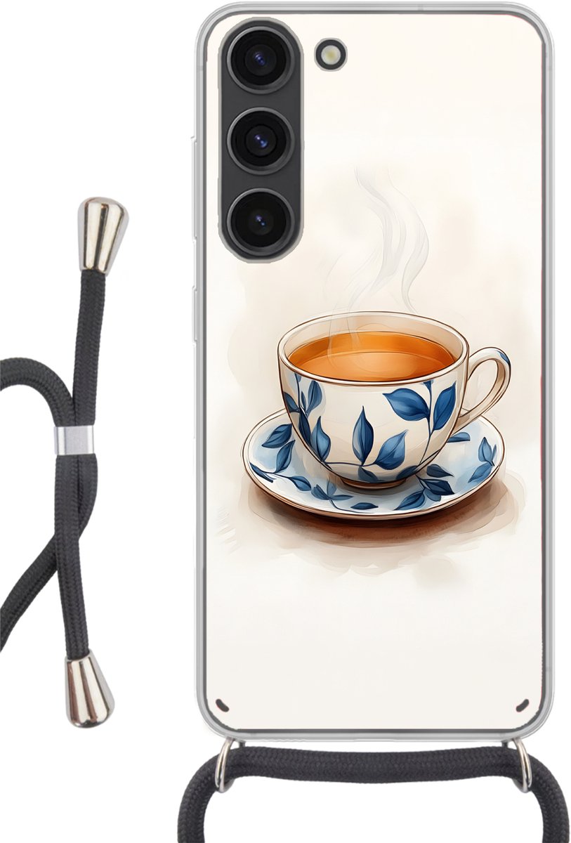 Telefoonhoesje Geschikt voor Samsung Galaxy S23 - Theekop - Bladeren - Blauw - Siliconen - Crossbody - Backcover met Koord - Telefoonhoesje met koord - Hoesje met touw Telefoonhoesje