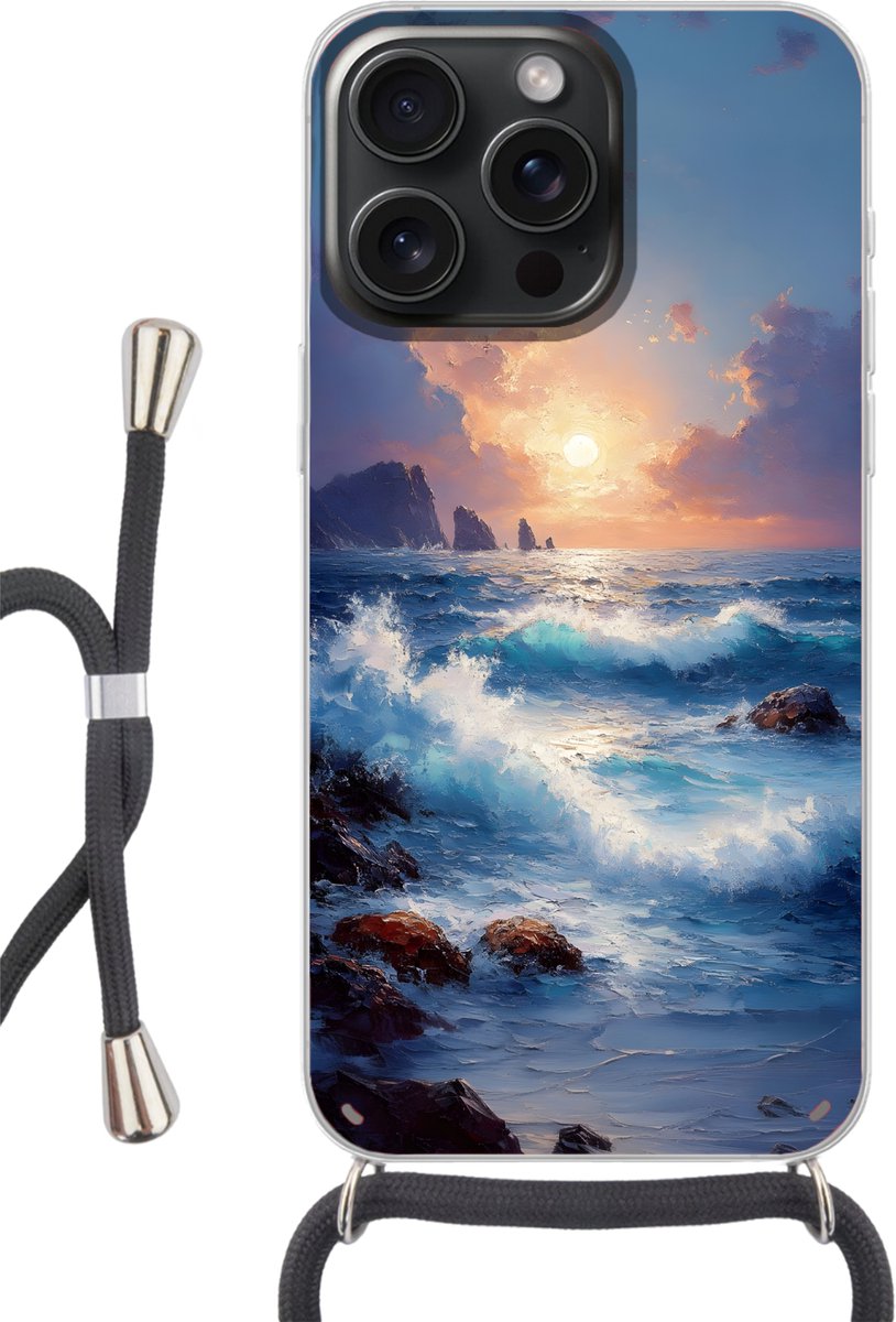 Telefoonhoesje Geschikt voor iPhone 15 Pro - Golven - Zee - Kleurrijk - Rotsen - Siliconen - Crossbody - Backcover met Koord - Telefoonhoesje met koord - Hoesje met touw Telefoonhoesje