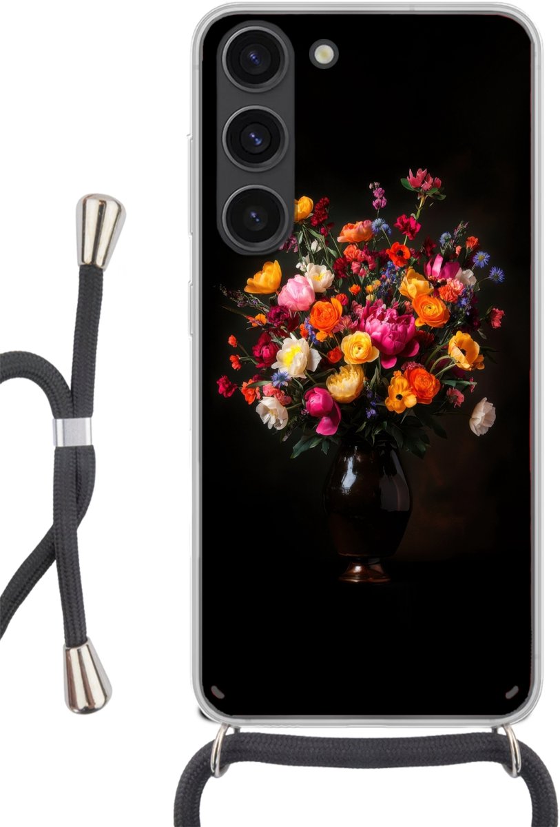 Telefoonhoesje Geschikt voor Samsung Galaxy S23 - Kleurrijk - Boeket - Vaas - Donkerbruin - Siliconen - Crossbody - Backcover met Koord - Telefoonhoesje met koord - Hoesje met touw Telefoonhoesje