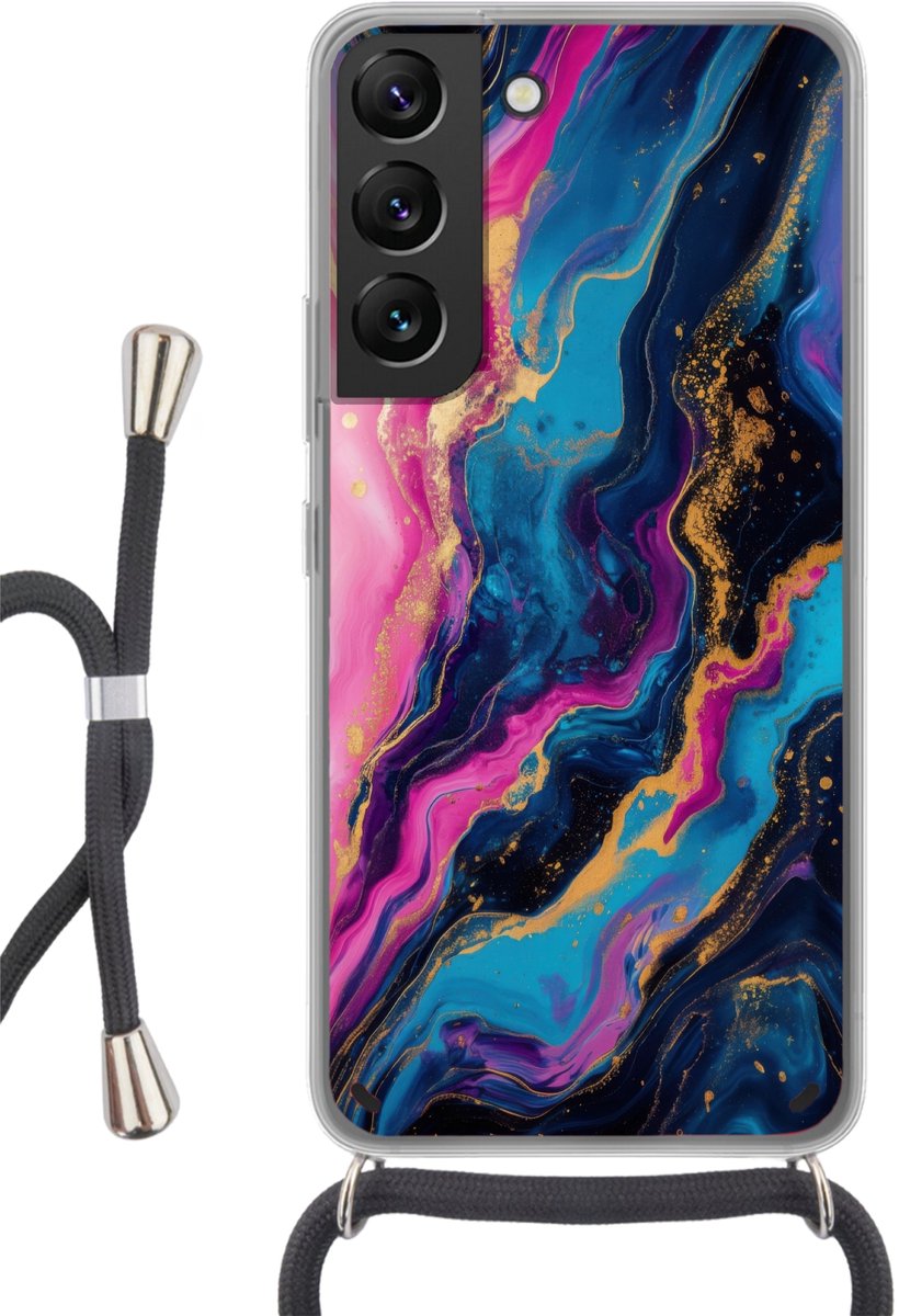 Telefoonhoesje Geschikt voor Samsung Galaxy S22 - Marmer print - Modern - Goud - Siliconen - Crossbody - Backcover met Koord - Telefoonhoesje met koord - Hoesje met touw Telefoonhoesje