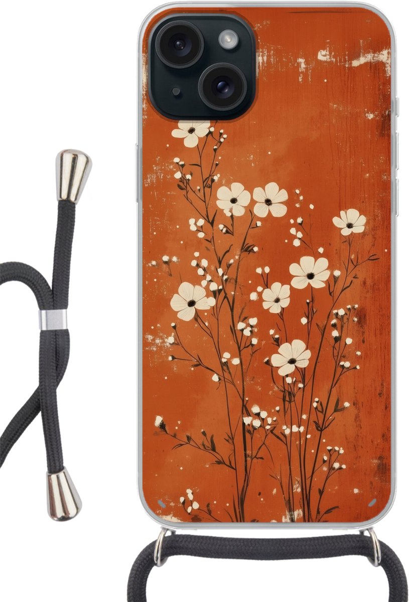 Telefoonhoesje Geschikt voor iPhone 15 Plus - Bloemen - Wit - Subtiel - Roestkleur - Siliconen - Crossbody - Backcover met Koord - Telefoonhoesje met koord - Hoesje met touw Telefoonhoesje