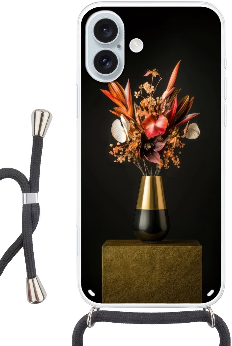 Telefoonhoesje Geschikt voor iPhone 16 Plus met koord - Exotisch - Boeket - Vaas - Goud - Siliconen - Crossbody - Backcover met Koord - Telefoonhoesje met koord - Hoesje met touw Telefoonhoesje