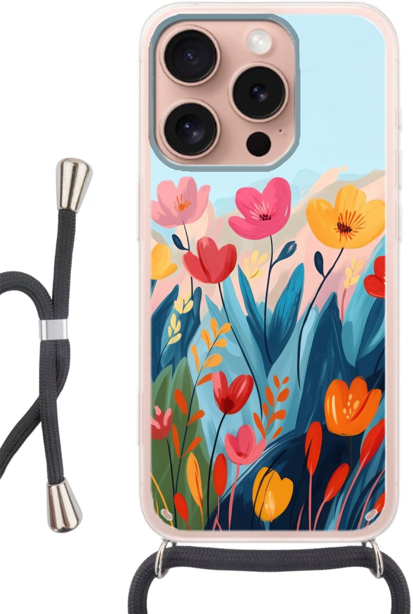 Telefoonhoesje Geschikt voor iPhone 16 Pro - Illustratie - Bloemen - Kleurrijk - Siliconen - Crossbody - Backcover met Koord - Telefoonhoesje met koord - Hoesje met touw Telefoonhoesje