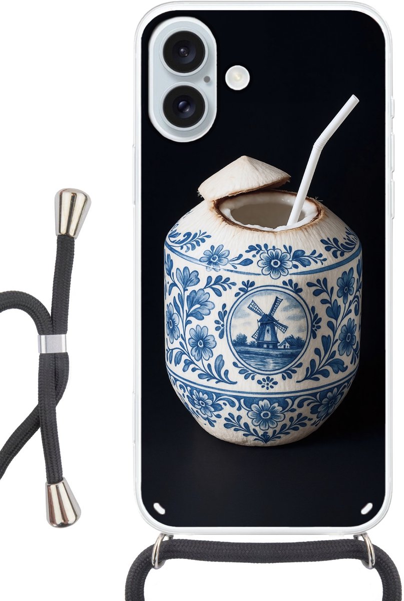Telefoonhoesje Geschikt voor iPhone 16 Plus met koord - Kokosnoot - Eten - Delfts blauw - Drinken - Siliconen - Crossbody - Backcover met Koord - Telefoonhoesje met koord - Hoesje met touw Telefoonhoesje