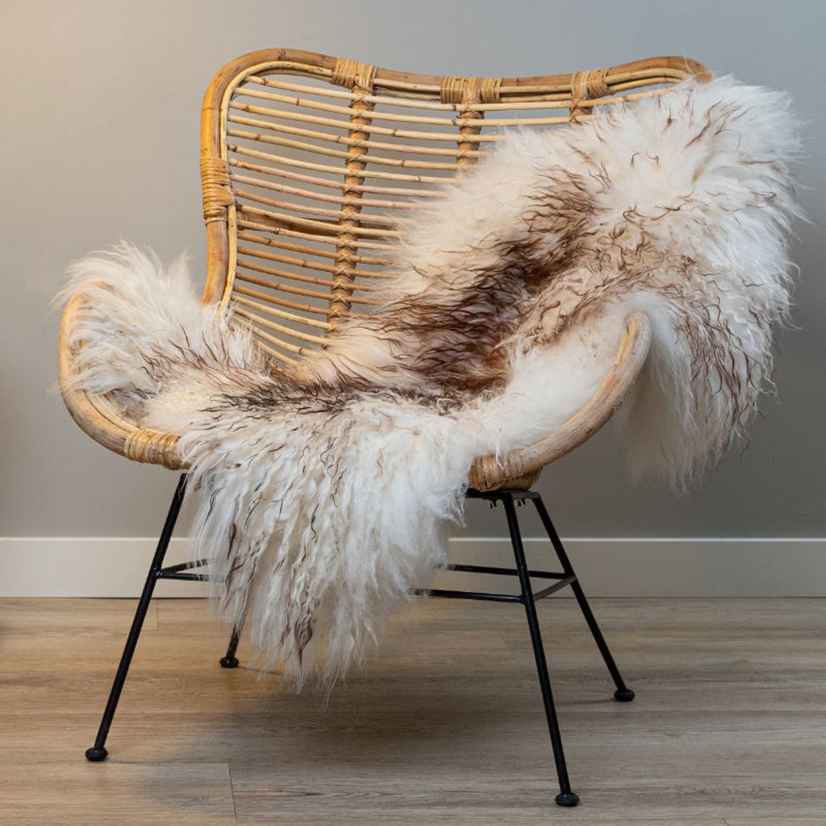 WOOOL® IJslandse Schapenvacht - Wit Bruin CURLY XL (115x65cm) 100% Natuurlijk & Echt - Vloerkleed - ECO+