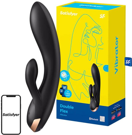 Satisfyer, vibrator, Bluetooth Rabbit, Double Flex, 20 cm, met app, 3 motoren, gemaakt van volledig siliconen, oplaadbaar, waterdicht
