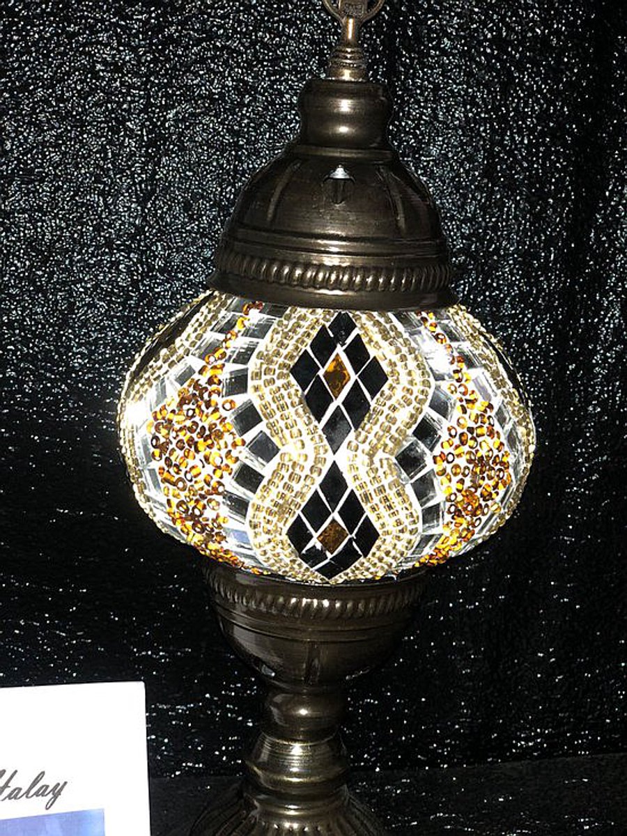 Turkse sfeerlamp - handgemaakt tafellamp met mozaïek - E14 LED lamp - goud en zilver - uniek design