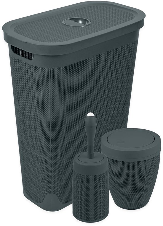 Panier à linge 40 litres - Brosse WC - Poubelle de salle de bain - Set 'Hesse' - Anthracite