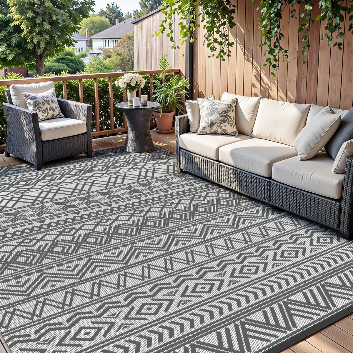 Ibenzoa® Weerbestendig en Omkeerbaar Buitentapijt voor Balkon en Camping in Boho-Stijl, Lichtgewicht en Antislip, 150 x 240 cm, Grijs